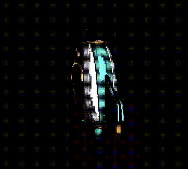 A 3D rocket rendered in ASCII, rotating