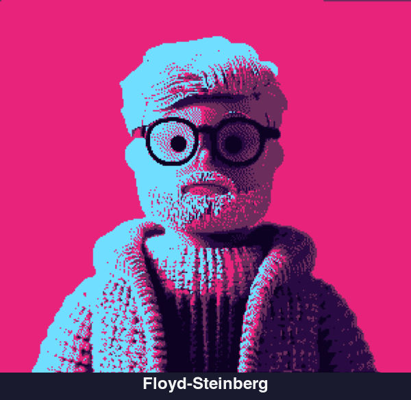 The same portrait rendered with different dithering algorithms