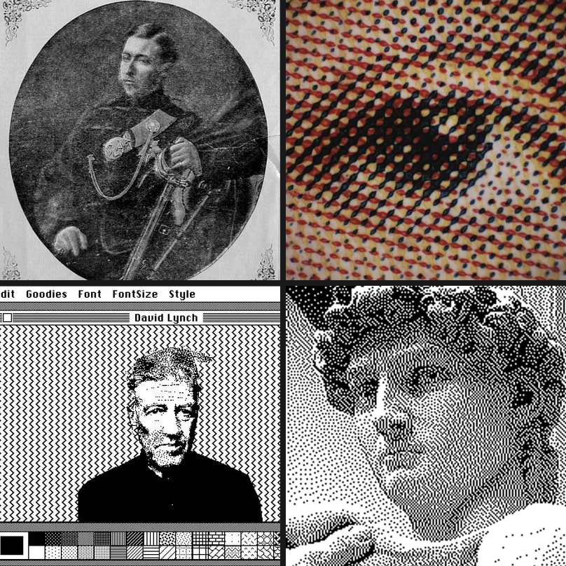 Four examples of dithering through history: the 1869 Prince Arthur halftone, a close-up of halftone dots, MacPaint with Atkinson dithering, and a modern dithered statue