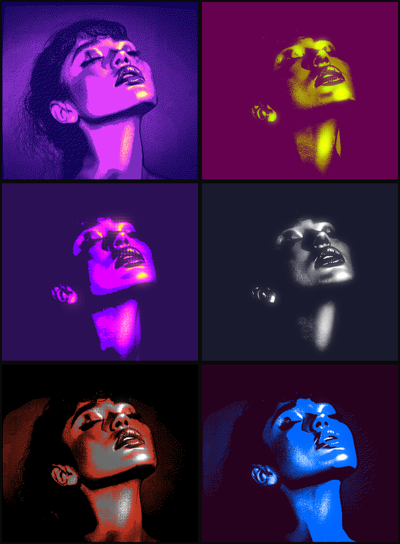 Six examples of dithered portraits with different color palettes