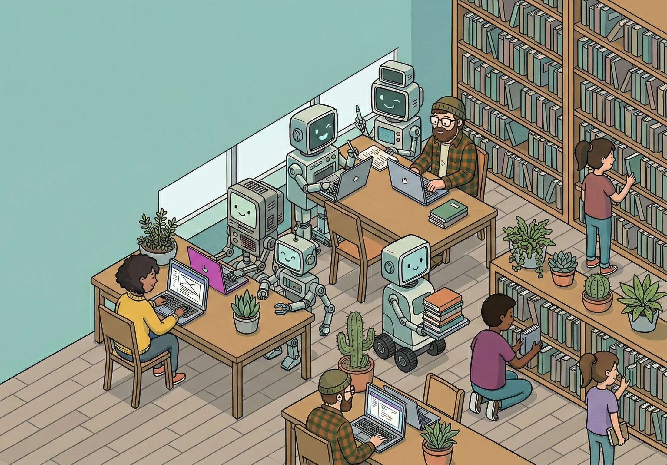 Humans and robots working together in a bookstore