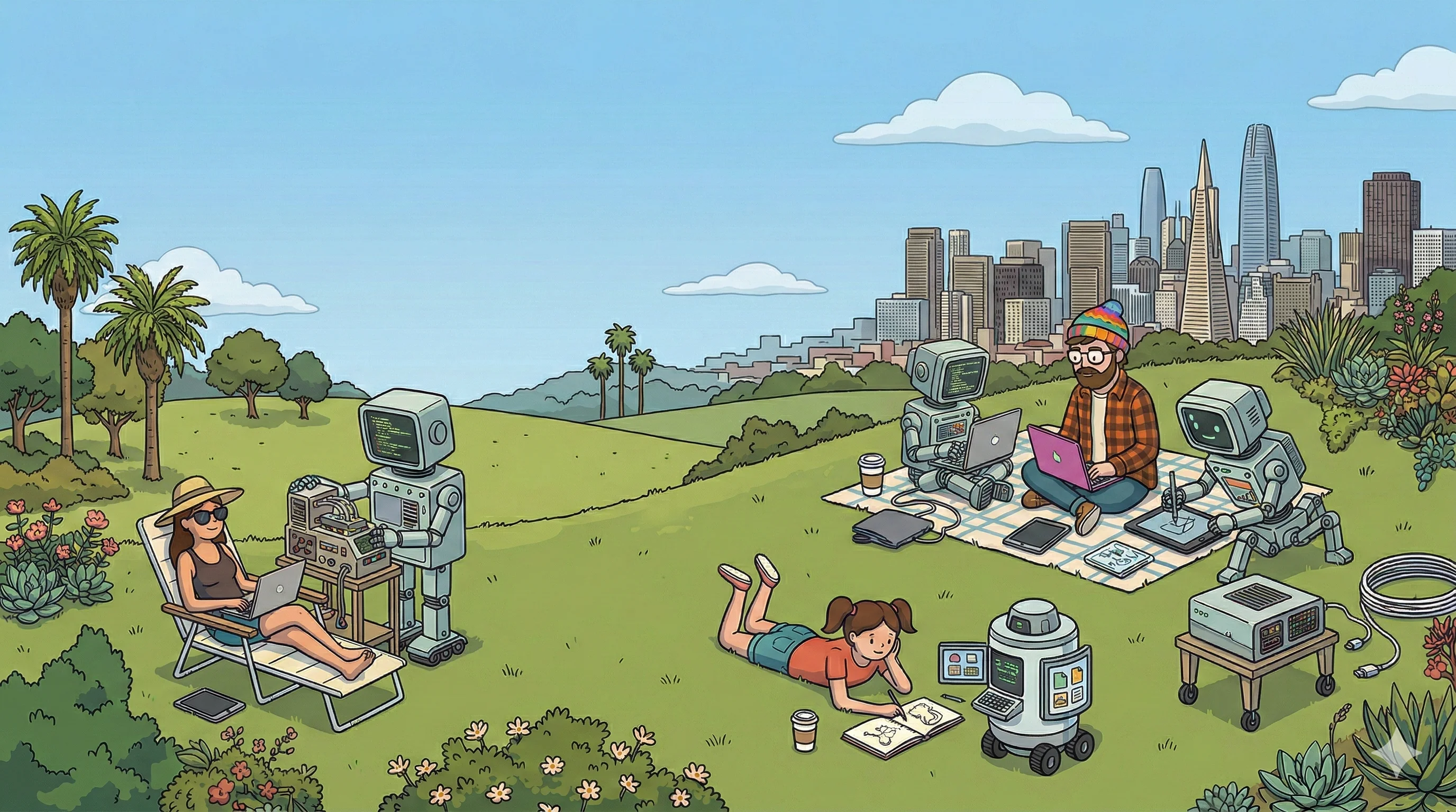 Humans and robots designing together in a park