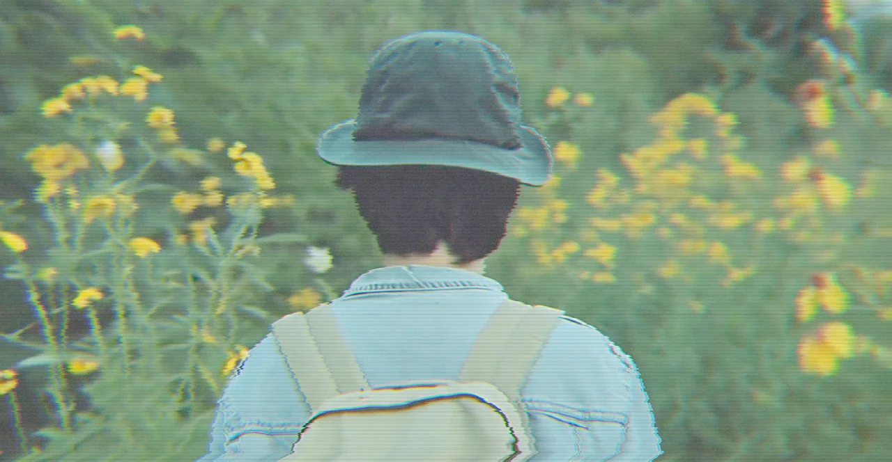 VHS glitch effect with horizontal distortion and scanlines on a person in a flower field