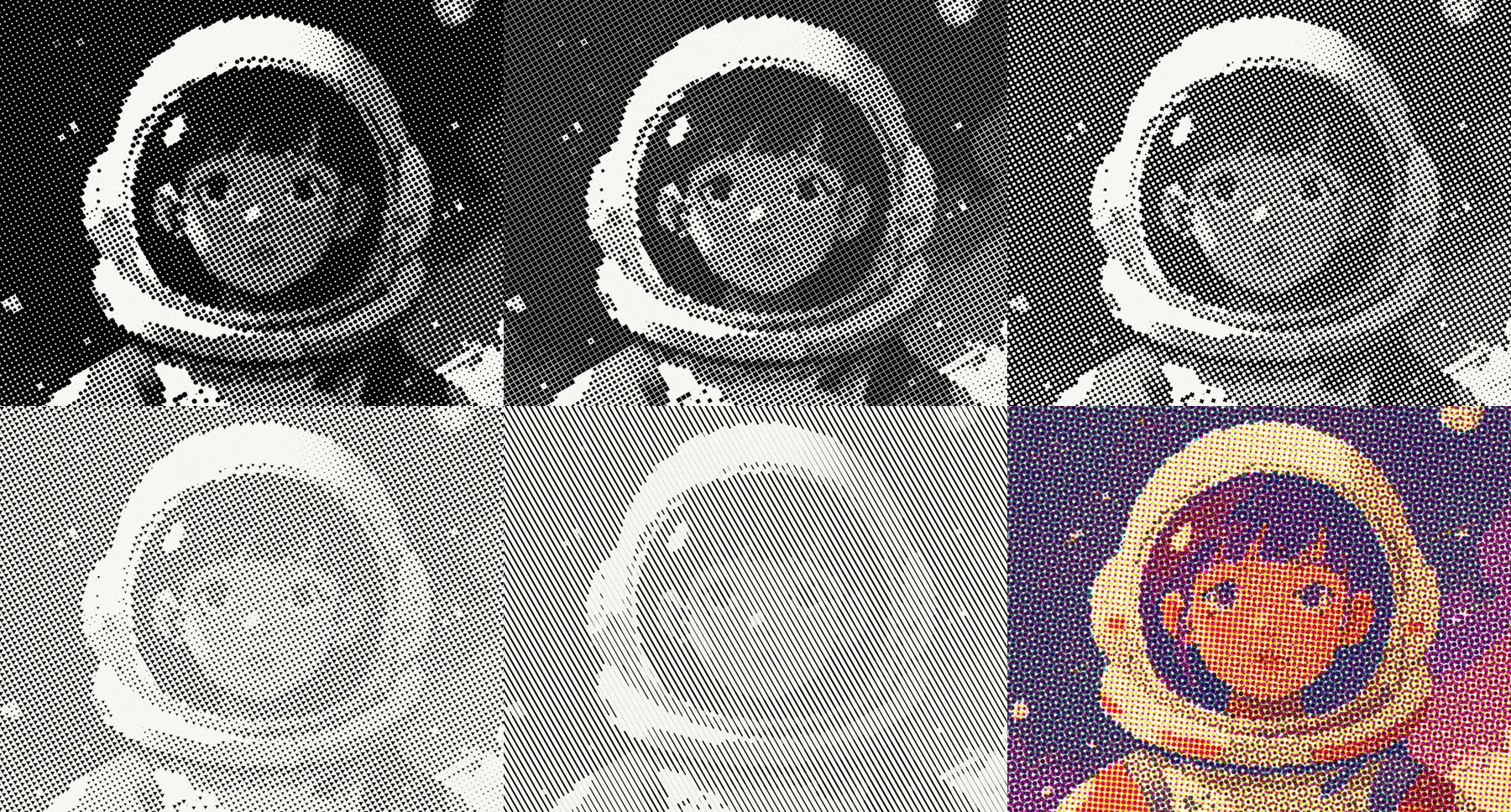 Different halftone dot shapes: circles, squares, diamonds, lines